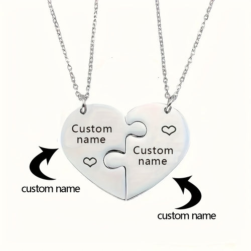 2pcs Interlocking Heart Puzzle Necklace - Engravable Stainless Steel Personalized Couples Gift with Custom Names, Elegant Minimalist Matching Jewelry for Casual Attire & Special Occasions, Romantic Accessory, Friendship Necklace, Romantic Design, Elegant
