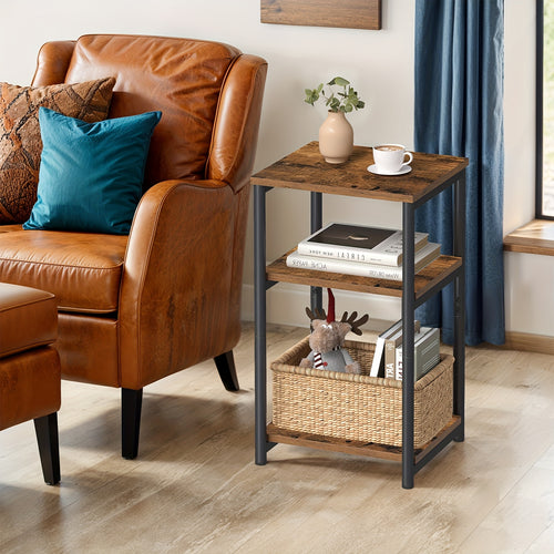 Compact Modern Rustic Tall Nightstand with Small Tabletop & Sturdy /Plywood - Rustic Brown & Ink Black End Table Suitable for Bedroom, Living Room, Office, Bathroom - Space-Saving, Assembly