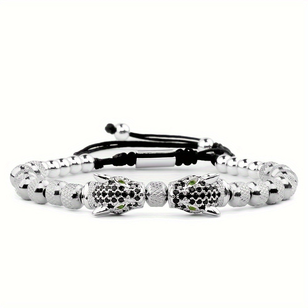 Luxury Leopard Head Men's Bracelet 304 Stainless Steel Bead Bracelet Banlge Adjustable Size Men's Jewelry Gift, Best for Christmas