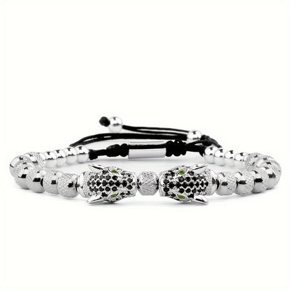 Luxury Leopard Head Men's Bracelet 304 Stainless Steel Bead Bracelet Banlge Adjustable Size Men's Jewelry Gift, Best for Christmas