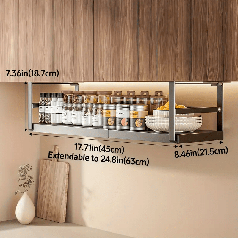 1pc of Adjustable Metal Shelf Organizer for Cabinets, an Expandable Storage Rack for Spices And Seasonings, Designed to Hang Under Cabinets with a Layered Partition, in Black