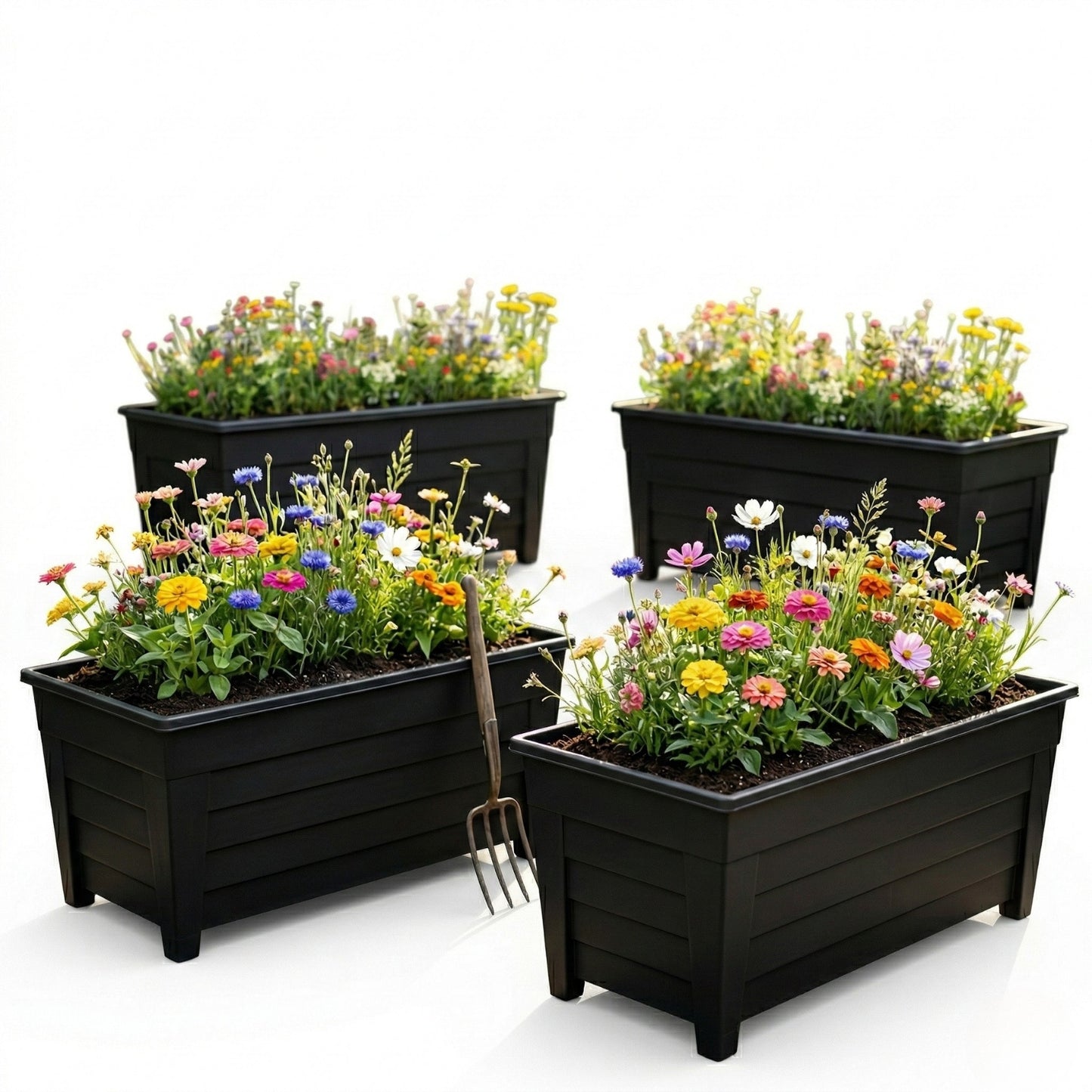Set Of 4 Black Grosvenor Trough Planters Lightweight Perfect For Displaying Flowers Ideal For Home & Garden Use