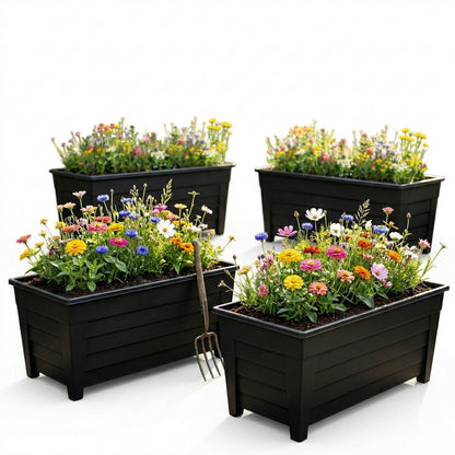 Set Of 4 Black Grosvenor Trough Planters Lightweight Perfect For Displaying Flowers Ideal For Home & Garden Use