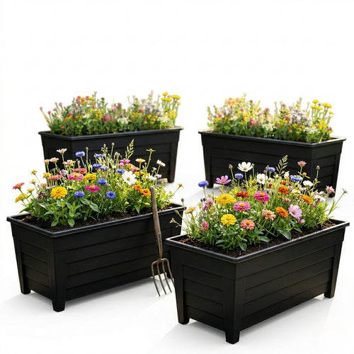Set Of 4 Black Grosvenor Trough Planters Lightweight Perfect For Displaying Flowers Ideal For Home & Garden Use