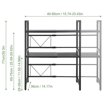 Heavy-Duty Expandable Microwave Rack - Adjustable Width (40-60cm) & Height, 3-Tier Kitchen Organizer with 6 Hooks, Space-Saving Countertop/Cabinet Storage Shelf, Sturdy Metal Construction, Easy Assembly for Microwave, Pots, Pans, Utensils - Ideal for Smal