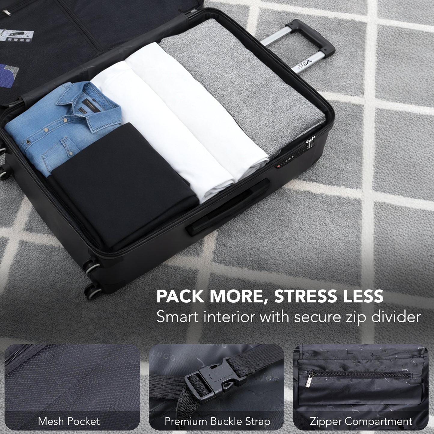 LUGG - Jetset 75x49x29cm Large Suitcase – Lightweight Hard Shell Luggage with TSA Lock – Water-Resistant ABS Spinner Suitcase – 4 Wheels Travel Bag- Midnight Blue (28 inch)