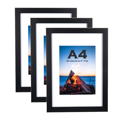 Set of 3 Black Wooden Picture Frames A4 w/ Mount Freestanding & Wall Mountable Photo Frame for A4 Poster Certificate Display