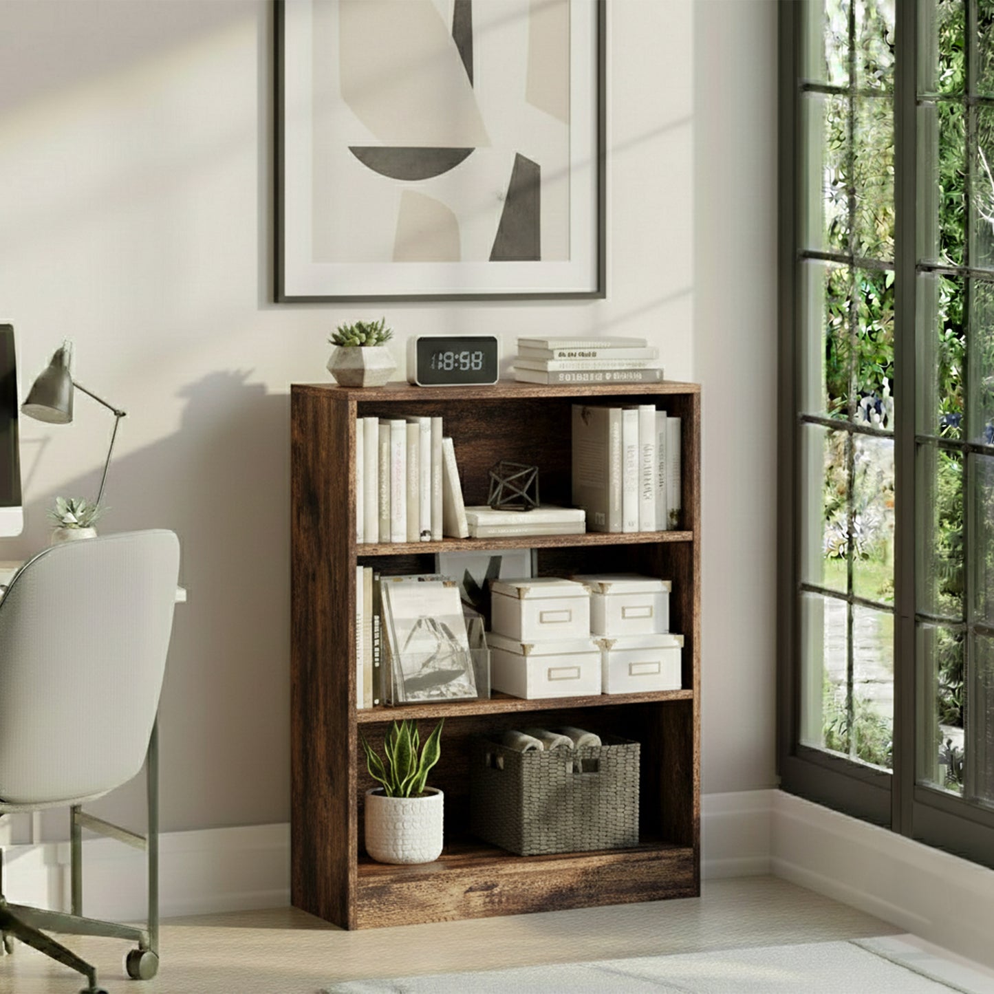3-Tier Bokcase, Wooden 3 Tier Low Bookcase Wooden Shelving Display Storage Unit Home Office Living Room Bedroom Furniture
