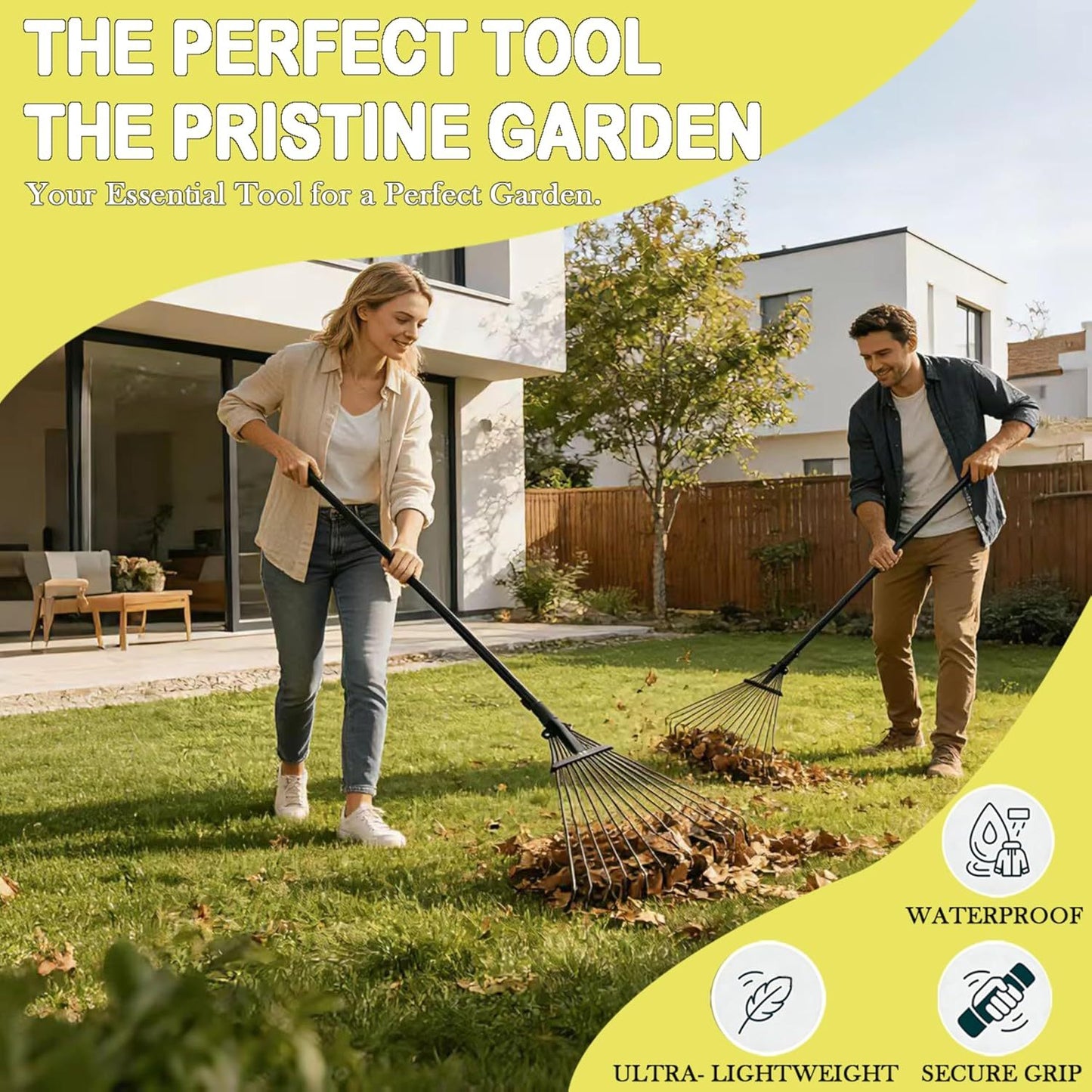 Leaf Rake, 15 Metal Tines, Adjustable Garden Rake with 20-60 cm Wide Head and 81-170 cm Handle, Tool for Removing Leaves in Gardening, Patio, Lawn