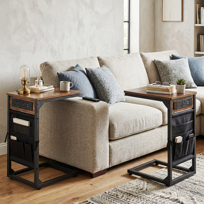1pc/2pcs C-Shape Side Table with Charging Station, Bedside Table with Storage Bag, Coffee Table with Metal Frame for Living Room, Bedroom, Office