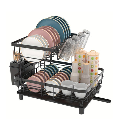 Dish Drainers, Large Dish Drying Rack, Double Layer Dish Rack For Kitchen Counter With Drainage Plate, Dish Rack With Tableware Rack And Cup Holder