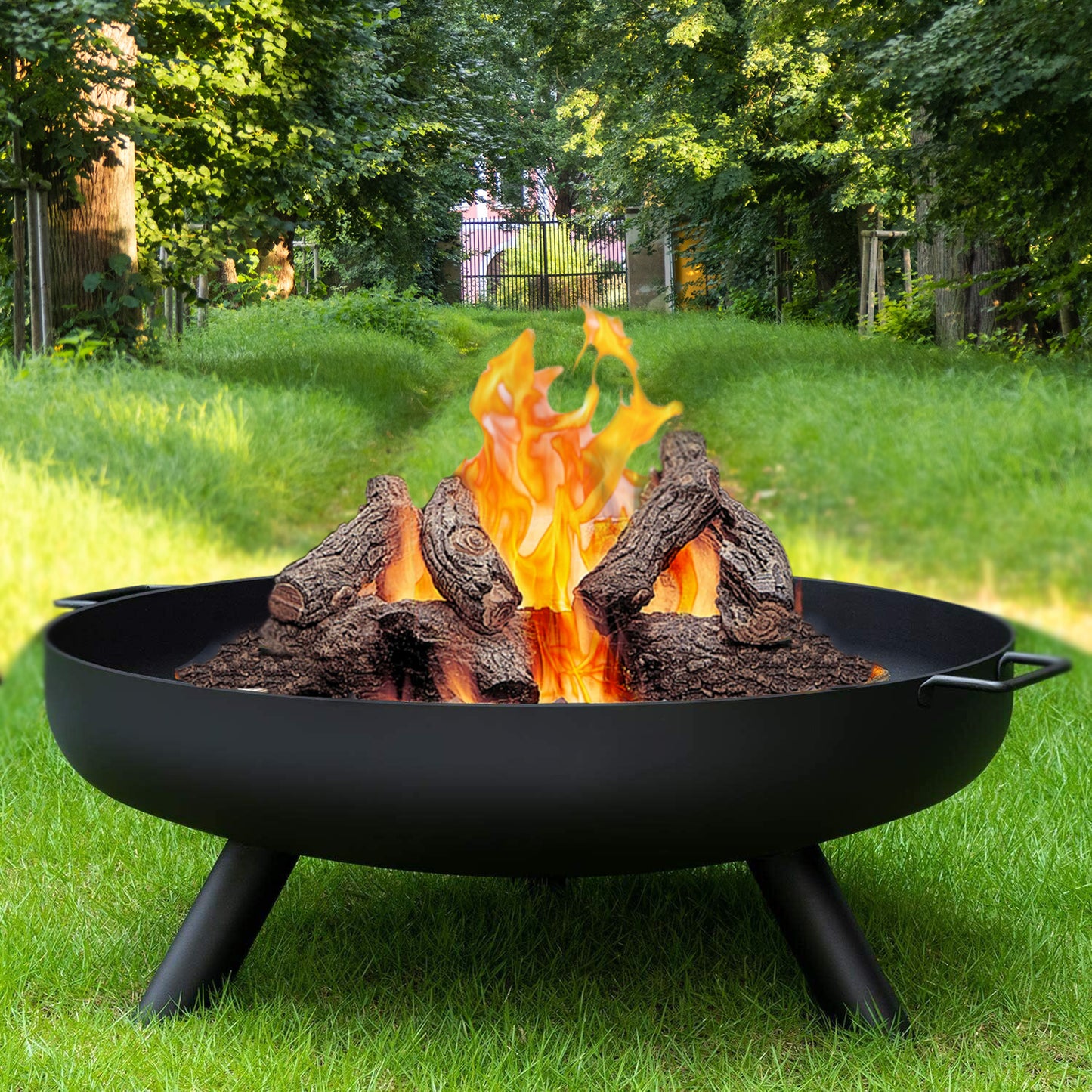 Outdoor Fire Pit, Steel Fire Bowl for BBQ Camping Picnic, Garden Patio Heater Charcoal Log Wood Burner, 58 cm - Matt Black, Camping Stove