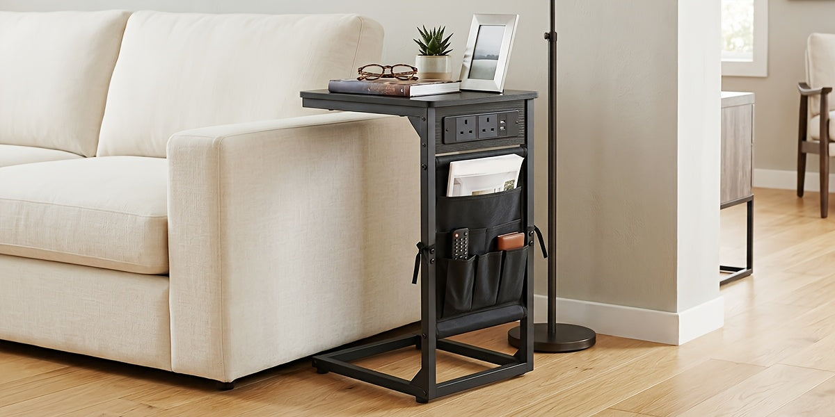 1pc/2pcs C-Shape Side Table with Charging Station, Bedside Table with Storage Bag, Coffee Table with Metal Frame for Living Room, Bedroom, Office