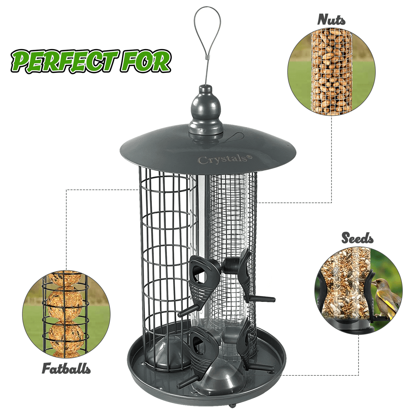 Crystals 3 in 1 Bird Feeders Hanging, Bird Seed Feeder – Seed + Nuts + Fat Ball Feeder for Garden Wild Bird Feeder - Lantern Style Bird Feeders for All Birds