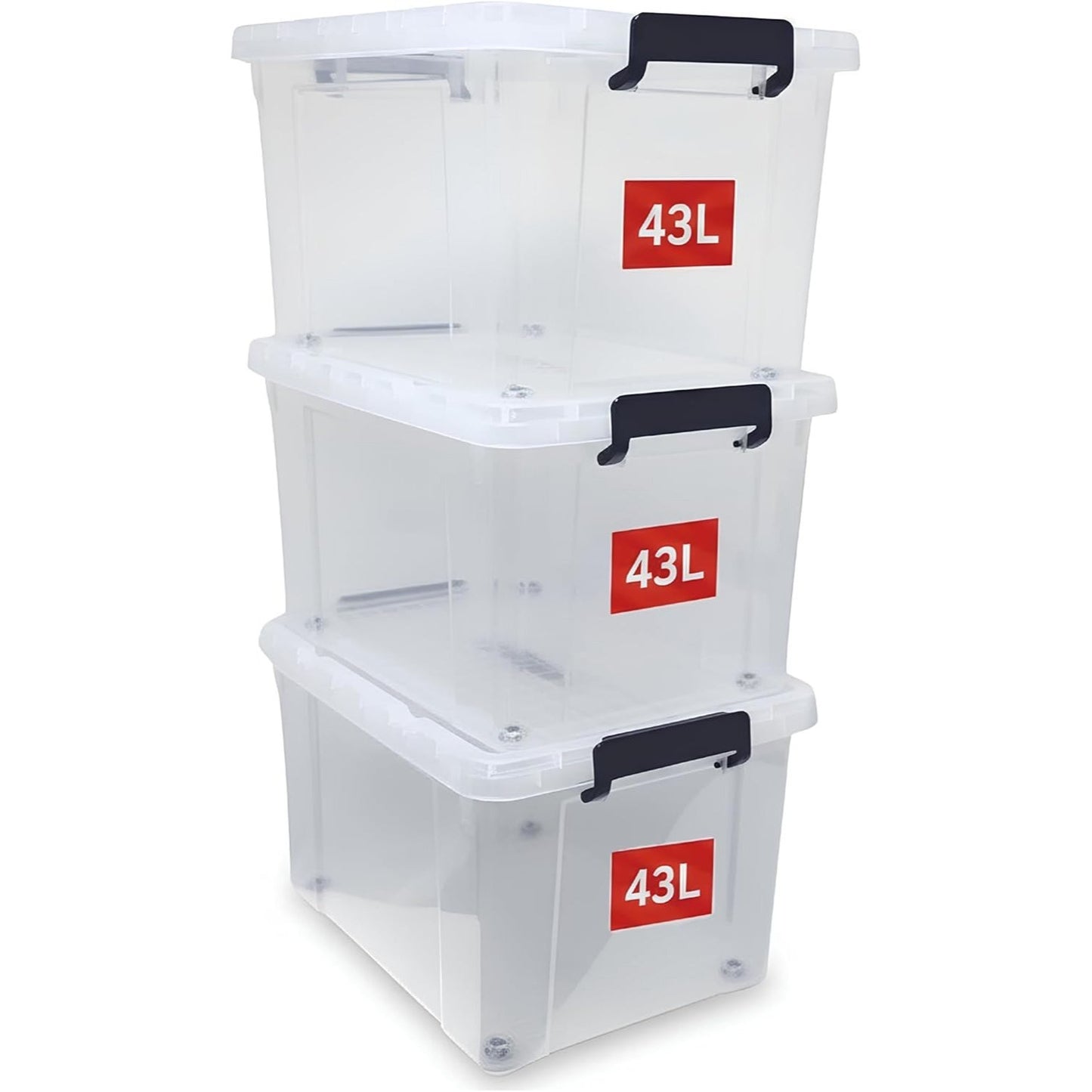 3‑Pack Clear 43L Storage Boxes with Lids & Wheels – Stackable Plastic Containers with Secure Clips and Integrated Handles for Home, Bedroom, Office & Kitchen Organisation