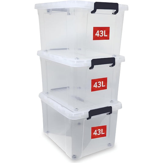 3‑Pack Clear 43L Storage Boxes with Lids & Wheels – Stackable Plastic Containers with Secure Clips and Integrated Handles for Home, Bedroom, Office & Kitchen Organisation