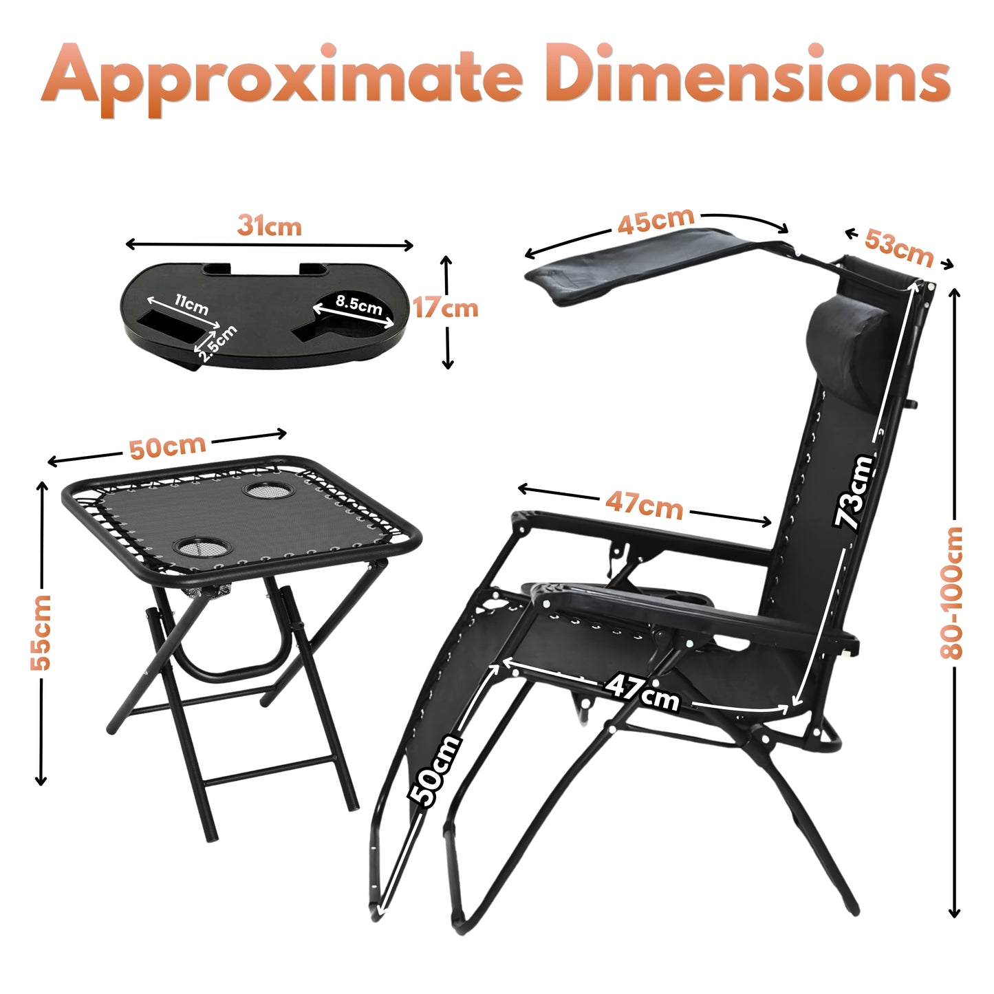 Garden Mile 3pcs Zero Gravity Sun Lounger Set with Table - 2 Folding Reclining Chairs with Canopy Shade, Cup Holder & Phone Tray, Adjustable Headrest, Portable Garden, Patio, Beach Chairs - Black