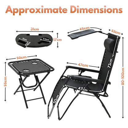 Garden Mile 3pcs Zero Gravity Sun Lounger Set with Table - 2 Folding Reclining Chairs with Canopy Shade, Cup Holder & Phone Tray, Adjustable Headrest, Portable Garden, Patio, Beach Chairs - Black