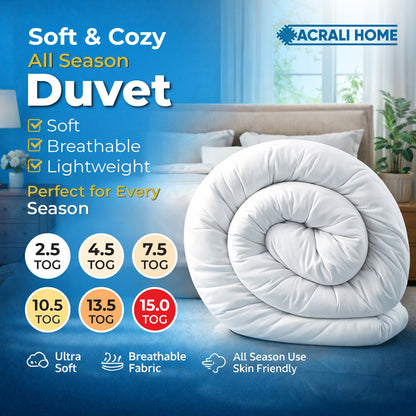 ACRALI HOME Summer Duvet Quilt All Seasons – Soft Breathable Lightweight Comforter 2.5 4.5 7.5 10.5 13.5 15 Tog – Cool Summer to Extra Warm Winter Quilt – Hotel Quality Luxury Bedding – Single Double King Super King – Machine Washable Durable Duvet Insert