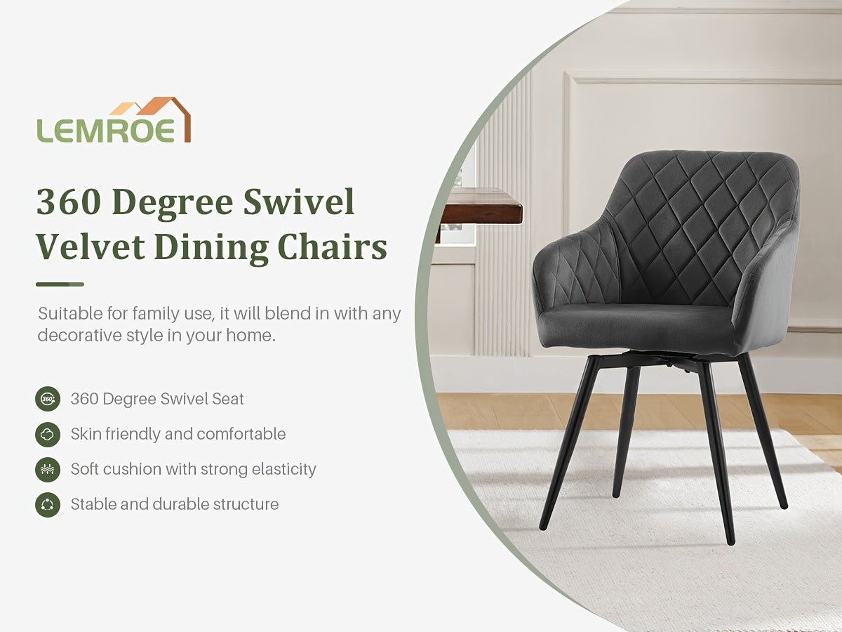 Set of 2 LEMROE Swivel Dining Chairs, Featuring Velvet Upholstery, Armrests, And Metal Legs, Ideal for a Bedroom Vanity Desk Without Wheels, Suitable for Kitchen Or for Home Office Living Room Use