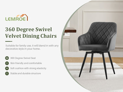 Set of 2 LEMROE Swivel Dining Chairs, Featuring Velvet Upholstery, Armrests, And Metal Legs, Ideal for a Bedroom Vanity Desk Without Wheels, Suitable for Kitchen Or for Home Office Living Room Use