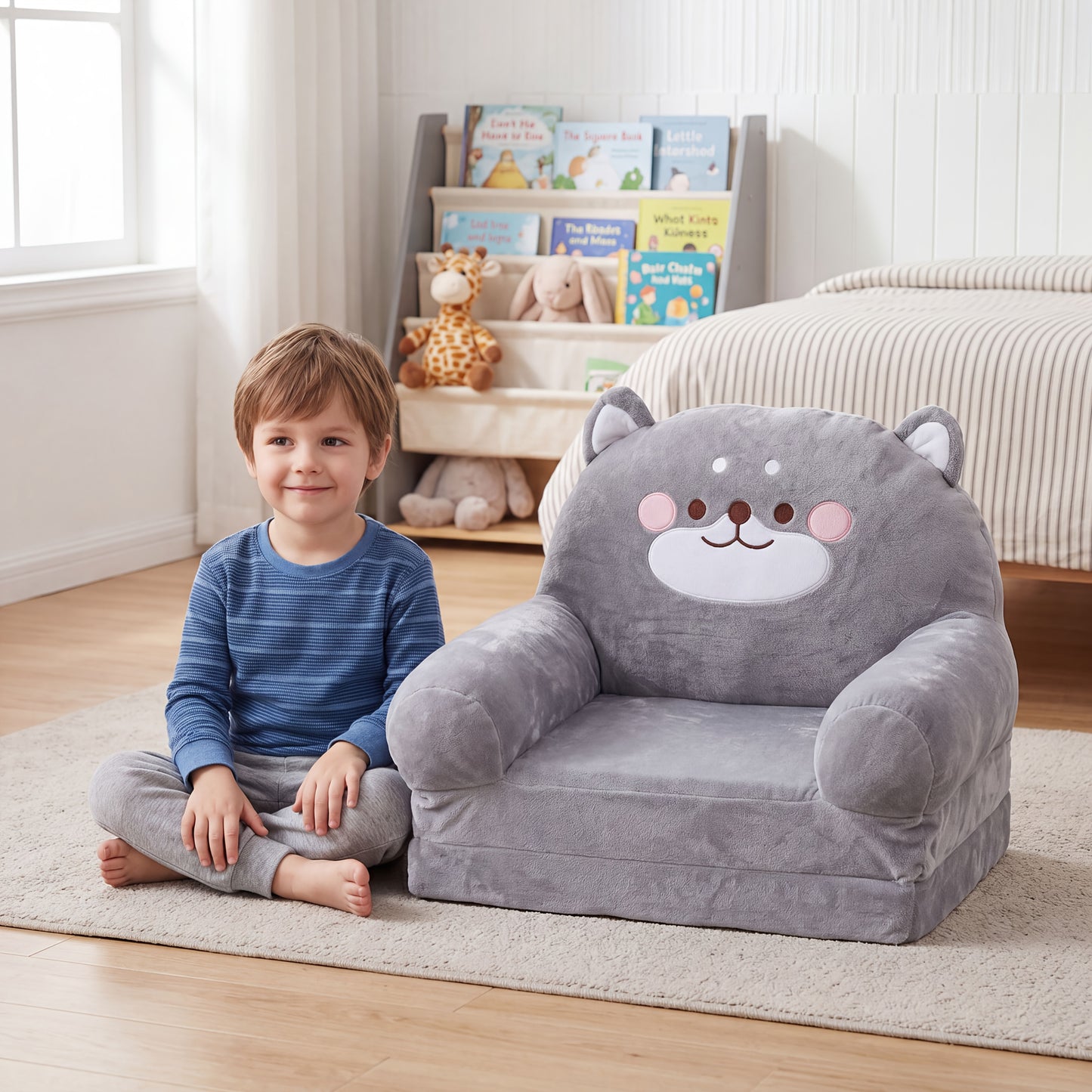 Foldable Kids Sofa Chair with Wide Handle & Soft Breathable Fabric Suitable for Reading, Relaxing, Sleeping - Modern 2-Layer Toddler Bed/Nursing Chair, Gray Furniture for Room, No Assembly Required
