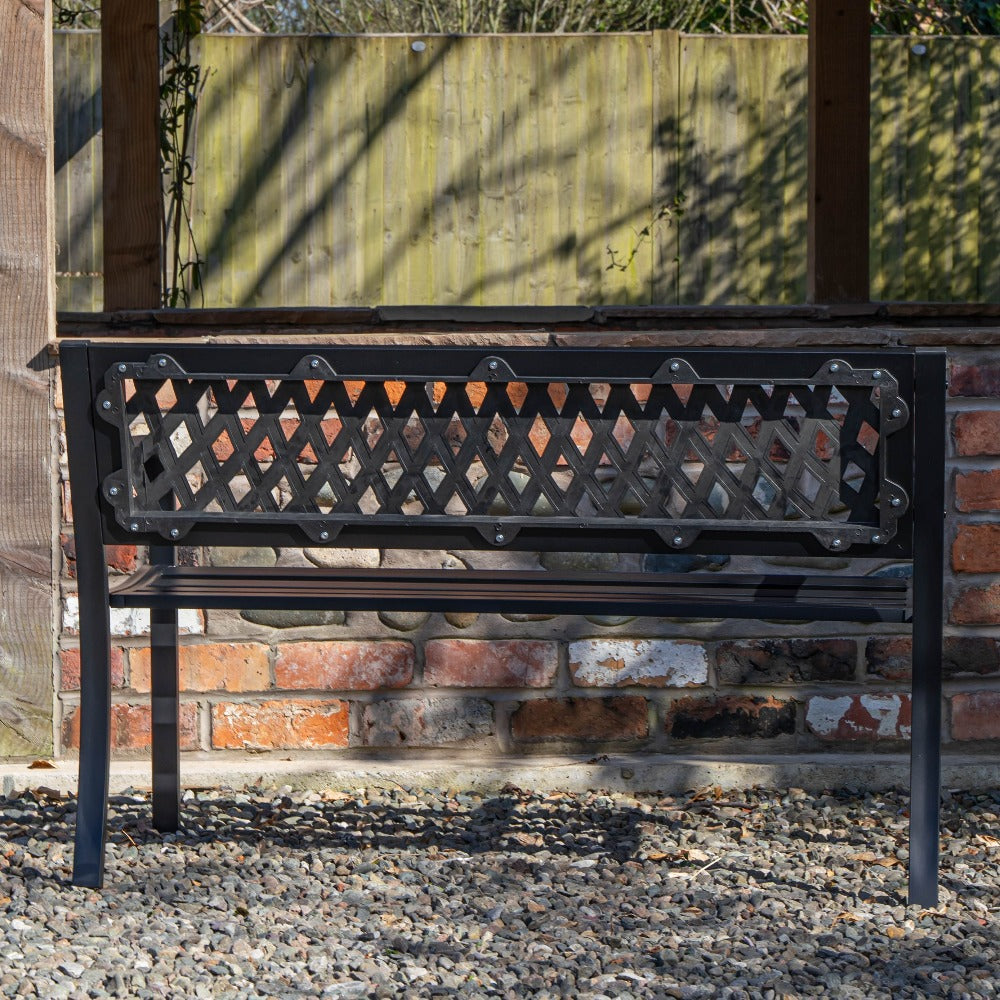 Garden Bench 2 Seater Metal with Lattice Backrest – Keswick Outdoor Patio Bench, Black Powder Coated Weather Resistant Frame, 119cm, Seats 2, Max 220kg