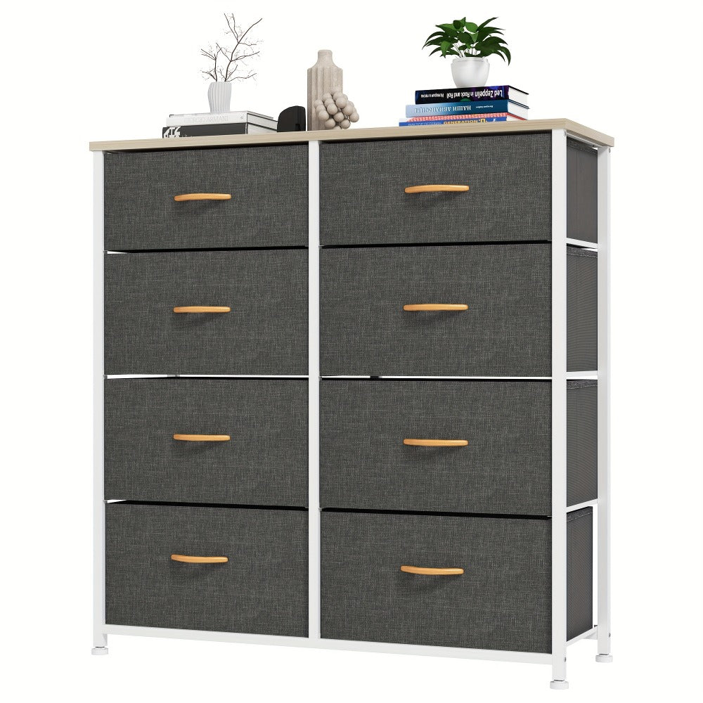 8-Drawer Fabric Dresser with Solid Wood Top – Bedroom & Living Room Chest of Drawers Storage Unit, Multiple Colours