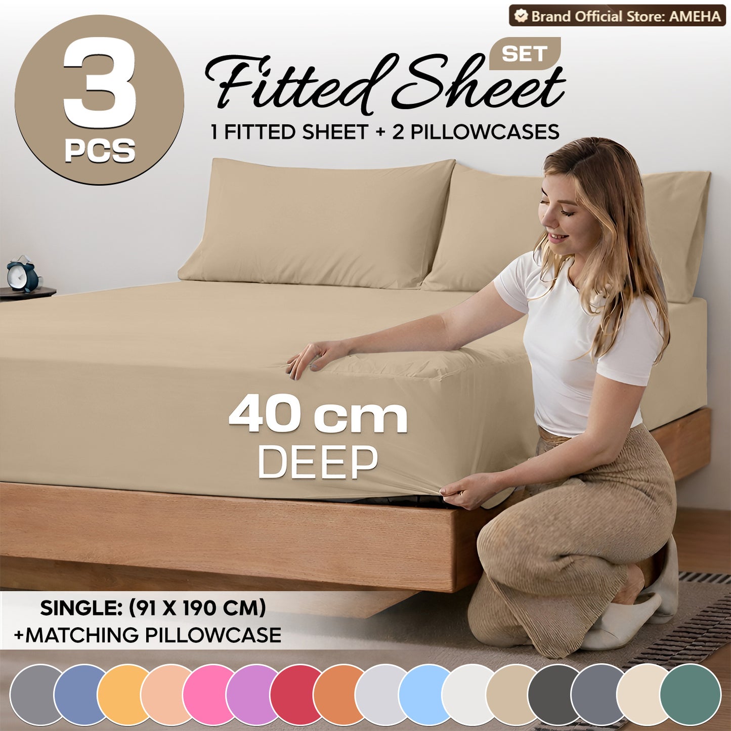 3pcs 40cm Extra Deep Fitted Sheet – Solid Color Soft & Comfortable Bed Sheet with 2pcs Matching Pillowcases, Breathable Fabric Soft Brushed Microfiber Bedding, Machine Washable for Home Bedroom, Hotel