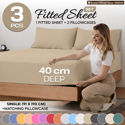 3pcs 40cm Extra Deep Fitted Sheet – Solid Color Soft & Comfortable Bed Sheet with 2pcs Matching Pillowcases, Breathable Fabric Soft Brushed Microfiber Bedding, Machine Washable for Home Bedroom, Hotel