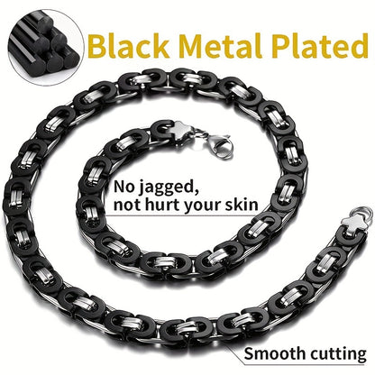 1pc Stainless Steel Black Flat Byzantine Chain Link Necklace For Men And Women, Available In 6mm, 8mm And 10mm Width And 18-28 Inches Length