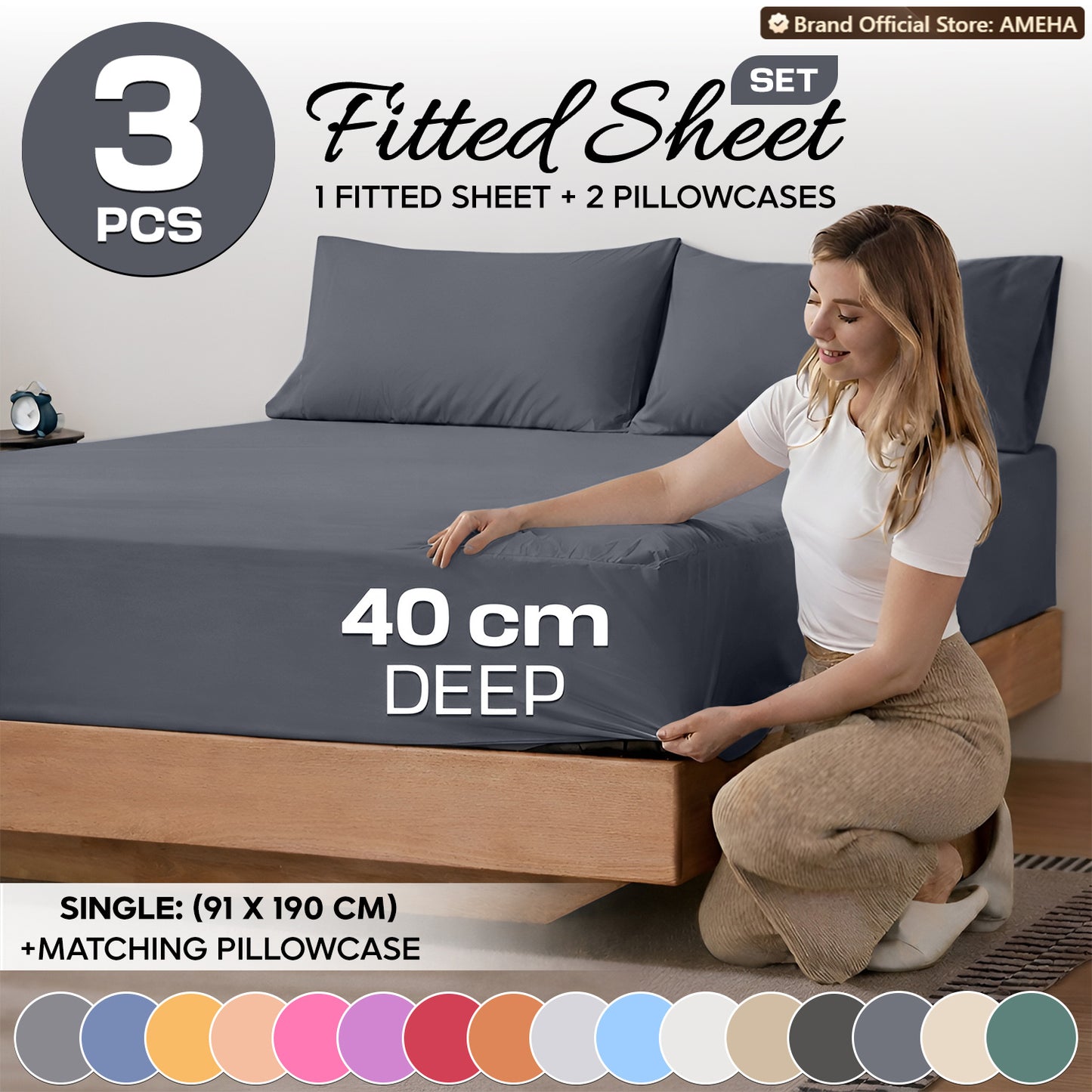 3pcs 40cm Extra Deep Fitted Sheet – Solid Color Soft & Comfortable Bed Sheet with 2pcs Matching Pillowcases, Breathable Fabric Soft Brushed Microfiber Bedding, Machine Washable for Home Bedroom, Hotel
