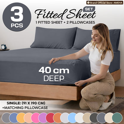 3pcs 40cm Extra Deep Fitted Sheet – Solid Color Soft & Comfortable Bed Sheet with 2pcs Matching Pillowcases, Breathable Fabric Soft Brushed Microfiber Bedding, Machine Washable for Home Bedroom, Hotel
