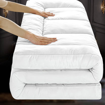Hotel Quality 10cm Thickness Mattress Topper and Deep Fitted Elastic Corners – Luxury Mattress Topper for All Season and all size available Single, Double, Small Double, King and Super King. 4 Pack Pillow Protector Available for Matching Set
