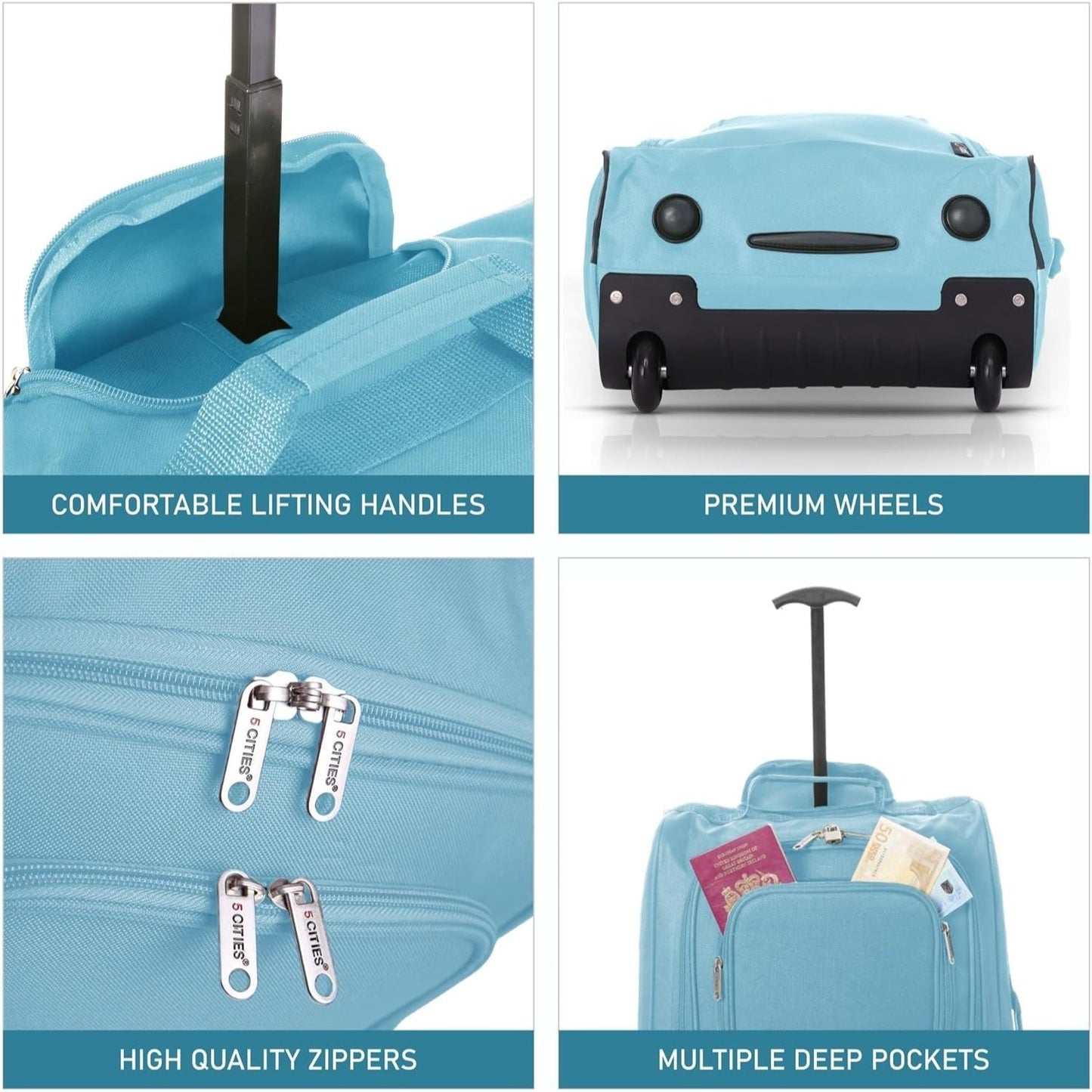 5 Cities 21” / 55cm Lightweight Carry On Travel Cabin Trolley Bag with Wheels, Cabin Approved Hand Luggage, 2 Year Warranty – Black