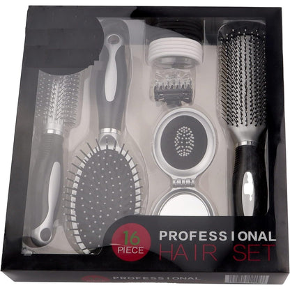 Professional 16pcs Hair Care Kit Set Features Curling Brush Paddle Brush Styling Brush Butterfly Clips a Compact Brush Mirror and Hair Bands for Womens & Girls