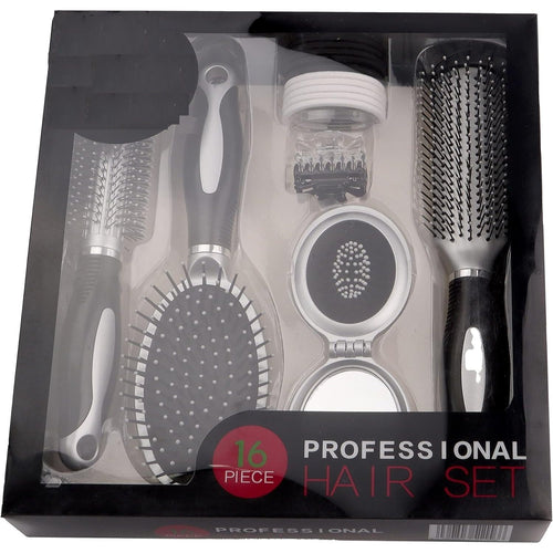 Professional 16pcs Hair Care Kit Set Features Curling Brush Paddle Brush Styling Brush Butterfly Clips a Compact Brush Mirror and Hair Bands for Womens & Girls