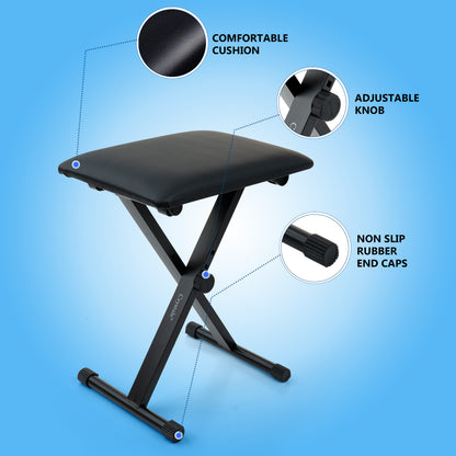 Folding Black Music Piano Stool Fully Adjustable Height Pro X Frame Keyboard Bench Seat - Non Slip Feet