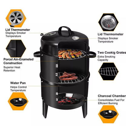 1pc Black 40x84cm Dual Access Outdoor Smoke Grill with 37cm Diameter, Perfect for Party, Family Dinner, and Outdoor BBQ – Durable Iron Construction, Efficient Heat Distribution, Convenient Charcoal Addition, Versatile Smoking Grill | Dual Access Grill | E