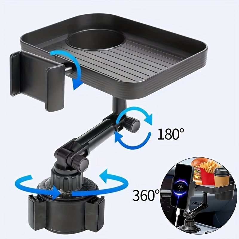 3-in-1 Car Cup Holder Tray with Phone Mount - Space-Saving Drink & Food Organizer for Vehicle Interior