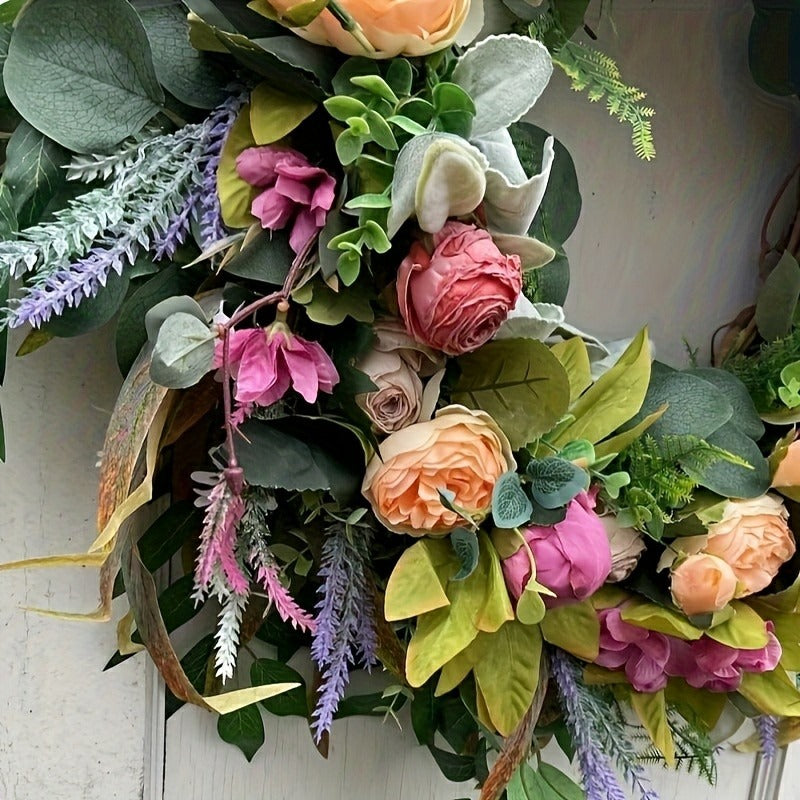 Luxurious Artificial Peony Rose Garland Wreath with Foliage - Blooming Peonies & Roses Suitable for Farmhouse, Wedding, Front Door Hanging, Spring Summer Decor, Plastic Flower Vine for Home Office Decoration