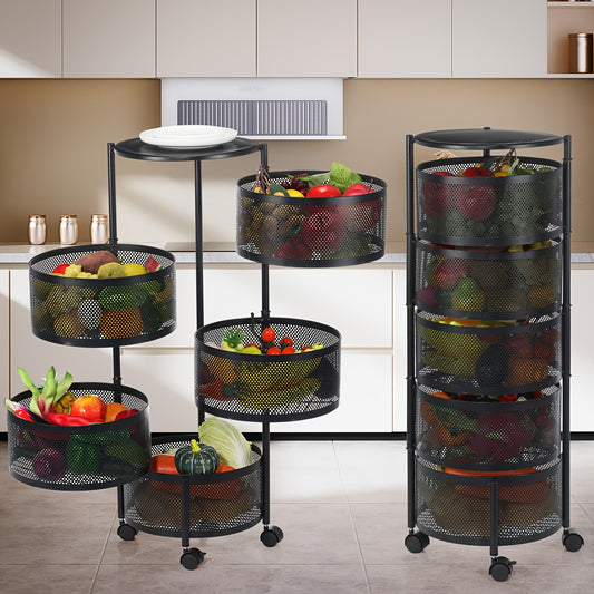 5-Tier Round Vegetable Storage Rack Black Metal Wire Basket with Wheels, Space-Saving Organizer, Shelf Baskets