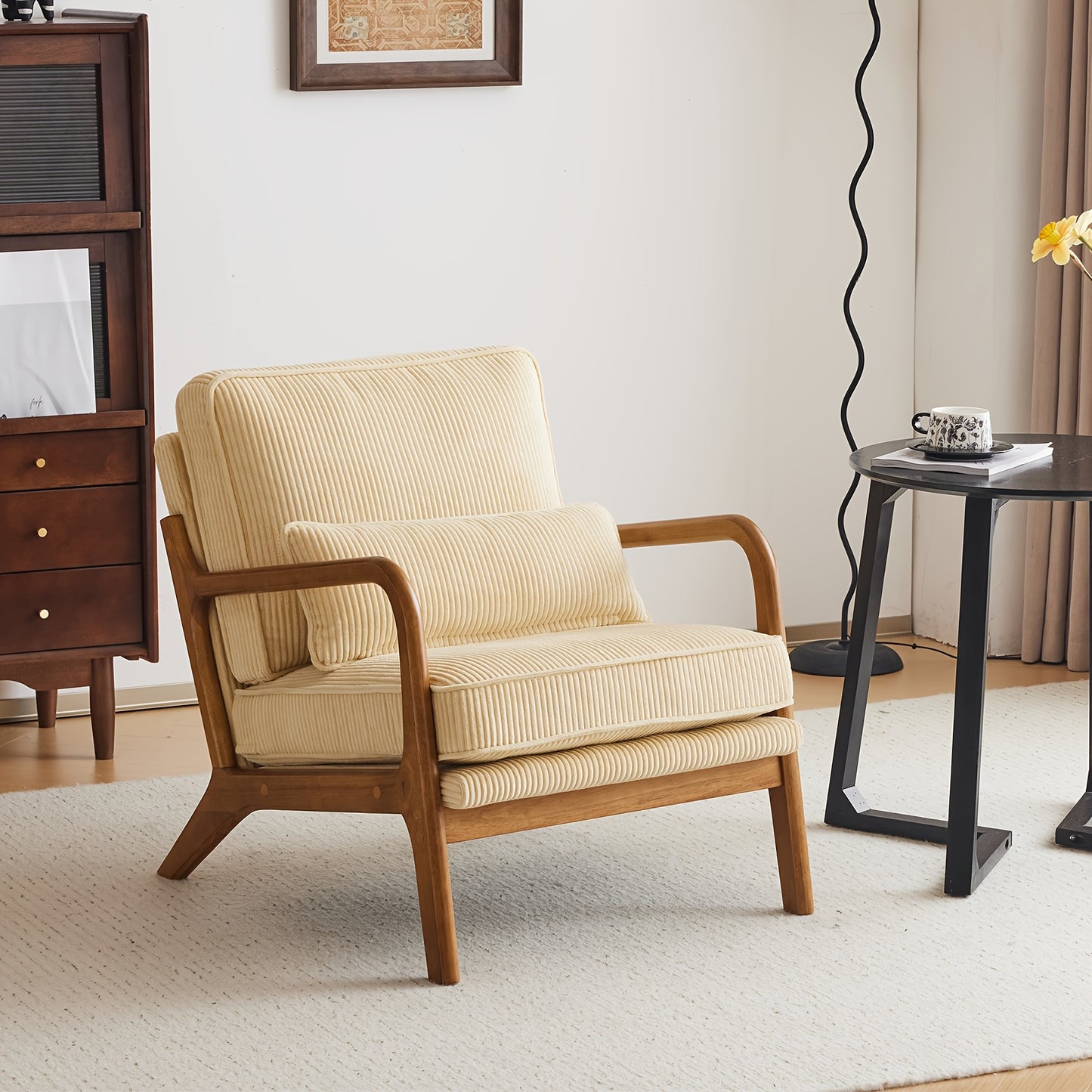 Mid-Century Modern Cloud Accent Armchair with Lumbar Pillow, 16Cm Thick Seat Cushion Cozy Lounge Chair, Wooden Armrests for Bedroom, Living Room, Reading Room