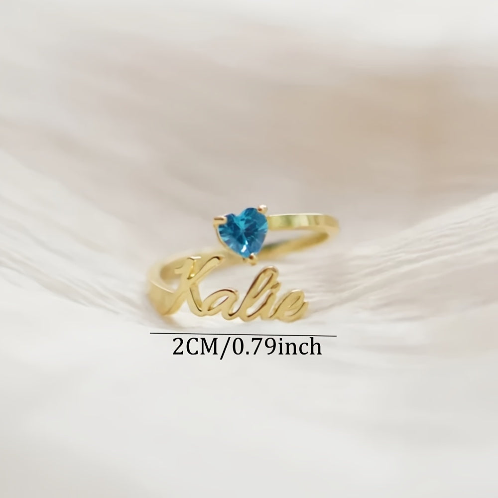 Personalized Heart Birthstone Ring, Custom Birthstone Golden Name Ring, Stainless Steel Elegant Nameplate Open Ring, Best Birthday Gift for Her, Birthstone Jewelry, Light Issues May Cause Color Differences in Birthstones