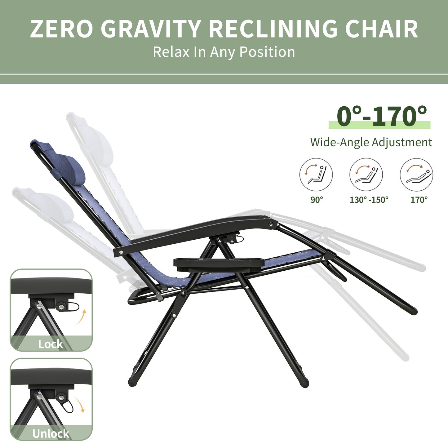 2pcs Zero Gravity Chairs, Fabric Foldable Patio Chairs Outdoor, Lounge Camping Chairs with Padded Pillow, Armrest, Footrest and Cup Holder - Textilene Fabric