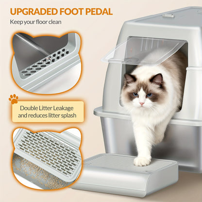 Stainless Steel Litter Tray with Lid, Enclosed Litter Box, Hinged Lid for Easy Cleaning, Includes Pedal And Scoop, Modular Design, 61L X 41W X 40H Cm, Light Grey