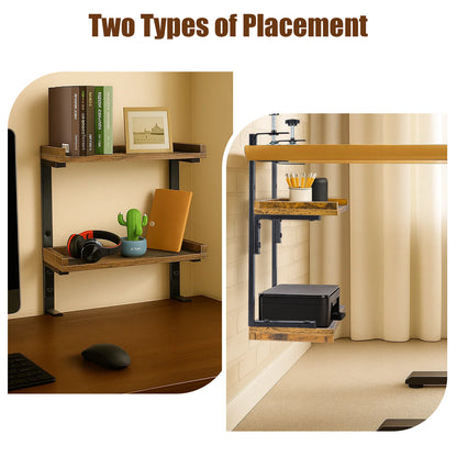 2-Tier Brown Clamp-On Desk Shelf Wood Shelving Unit Adjustable Height for Office Gaming Accessories, Tabletop Book Storage Rack