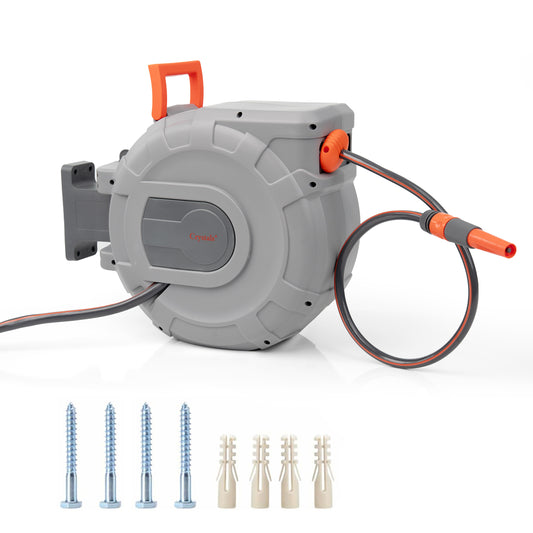 Hose Reel – Wall Mounted Hose Reels for Garden, Retractable, Auto Lock & Auto Rewind Pipe 180°, Includes Wall Fixings & Ready for Outdoor Use with Nozzle, Accessories, Grey