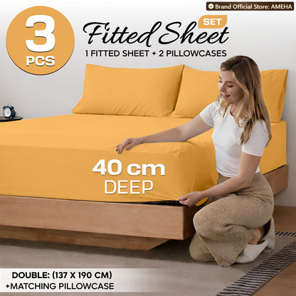 3pcs 40cm Extra Deep Fitted Sheet – Solid Color Soft & Comfortable Bed Sheet with 2pcs Matching Pillowcases, Breathable Fabric Soft Brushed Microfiber Bedding, Machine Washable for Home Bedroom, Hotel