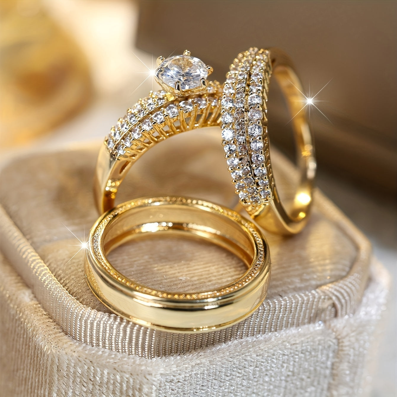 Set of 3 Elegant Golden Rings with Synthetic Zirconia Inlay for Women, Perfect for Bridal Wedding Engagement Gifts